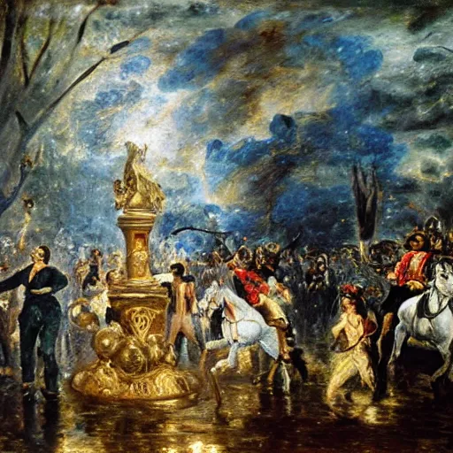 Image similar to highly detailed oil painting in the style of Delacroix of an early 20th century French writer exiting from a fantastical time machine made of polished gold metal and covered in flashing lights and monitors that has just appeared in the Luxembourg Gardens, Paris, 1973