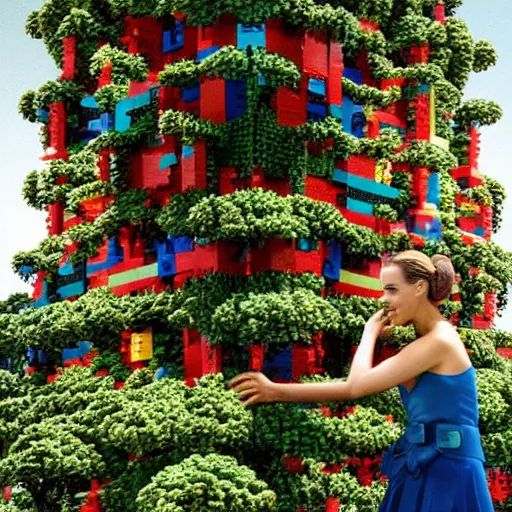 Prompt: Natalie Portman building a giant tree of LEGO