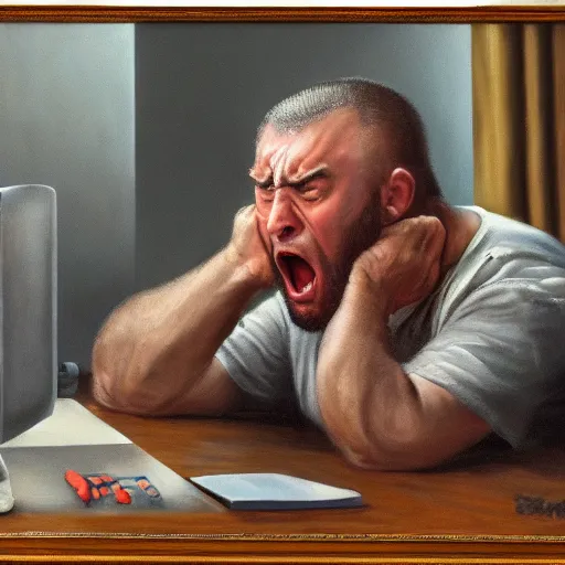 Image similar to an angry man yells at his computer monitor, oil on canvas, highly detailed, high resolution