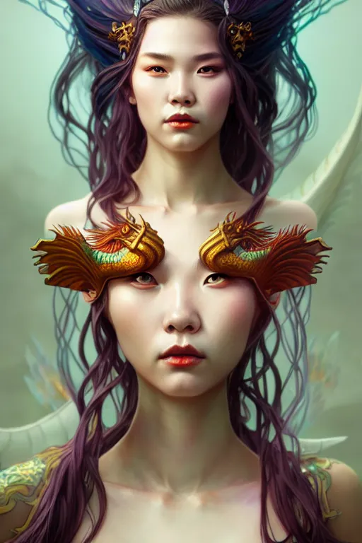 Image similar to portrait mermaid, chinese dragon concept art, d & d, highly detailed, digital painting, artstation, sharp focus, illustration, art by tan zi and ayanamikodon and alphonse mucha and wlop