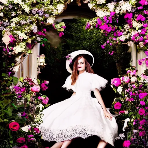 Prompt: full body fashion model emma watson smokey eyes makeup eye shadow fantasy, glow, shimmer as victorian woman in a long white frilly lace dress and a large white hat having tea in a sunroom filled with flowers, roses and lush fern flowers ,intricate, night, highly detailed, dramatic lighting , high quality