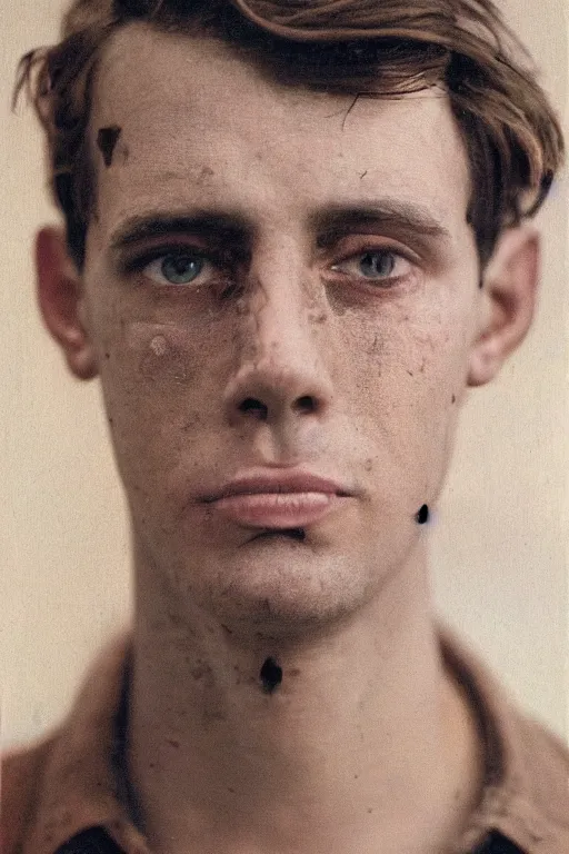 Prompt: Portrait of a Brown hair young male with an anguished face. Round green eyes, set handsomely within their sockets, watch delightfully over the country they\'ve defended for so long. A gunshot left a mark stretching from the bottom of the left cheekbone, first running towards his fairly big lips and ending under his left eye leaving a painful burden of his reckless luck. A true pioneer among goblins. He stands seductively among others, despite his light frame painted by Wayne Barlowe, Greg Rutkowski, zdislav beksinski, Francis Bacon, trending on artstation, artstationHD, artstationHQ, 4k, 8k