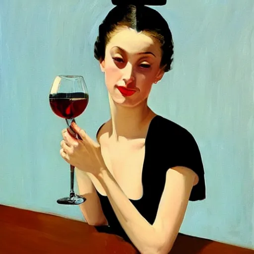Prompt: artwork painting of a ballet dancer in a black tutu drinking a glass of red wine by jack vettriano h 6 4 0