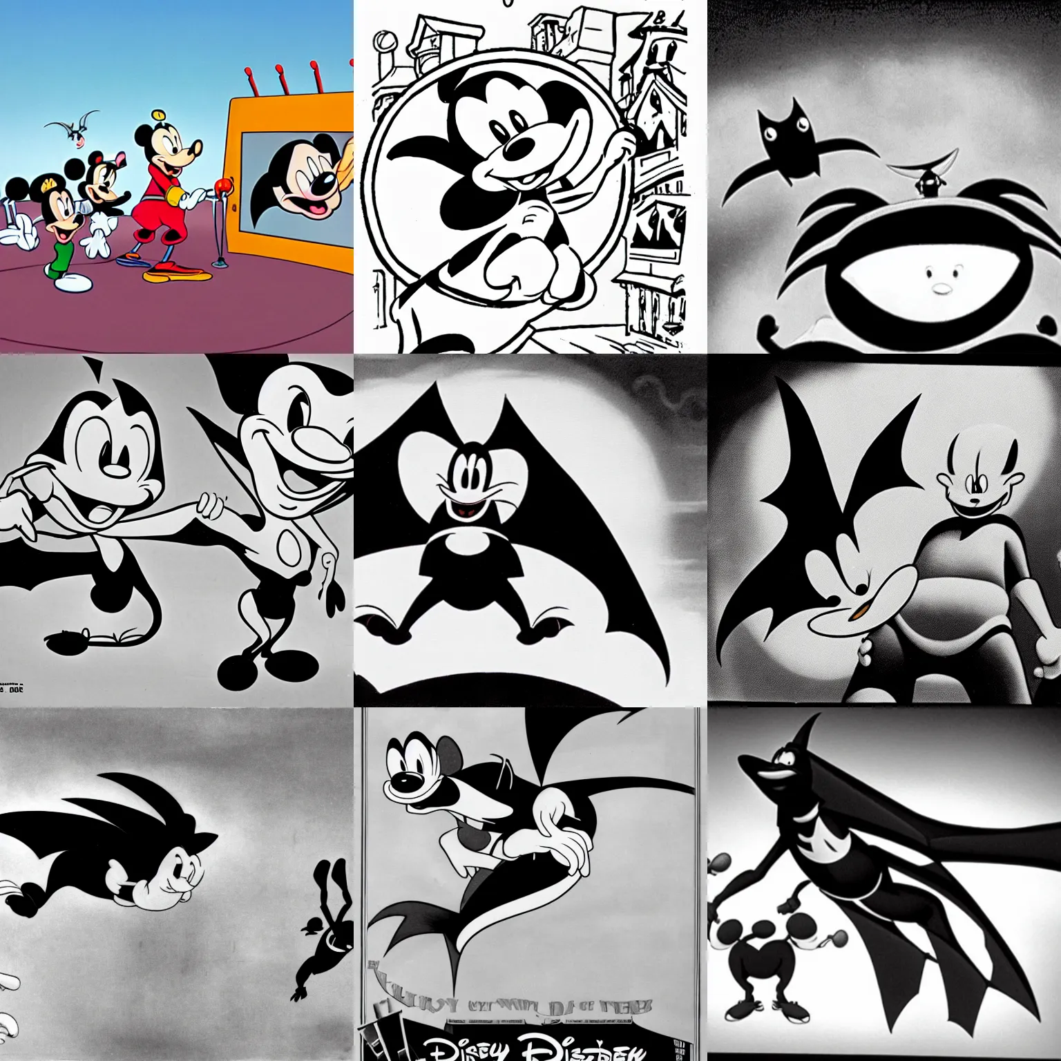 Prompt: black and white rubber hose Disney cartoon on the big screen about a bat who can't fly