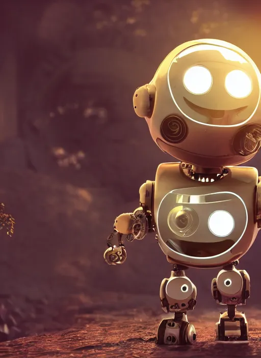 Prompt: a cute little robot, wearing clothes, clockwork gears visible in a hole in his chest, global illumination, radiant light, detailed and intricate environment