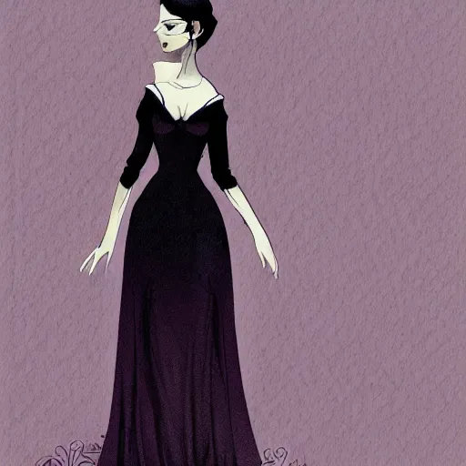 Image similar to character concept art of beautiful delicate pale goth woman with black hair, wearing long black and purple dress, highly detailed, illustration