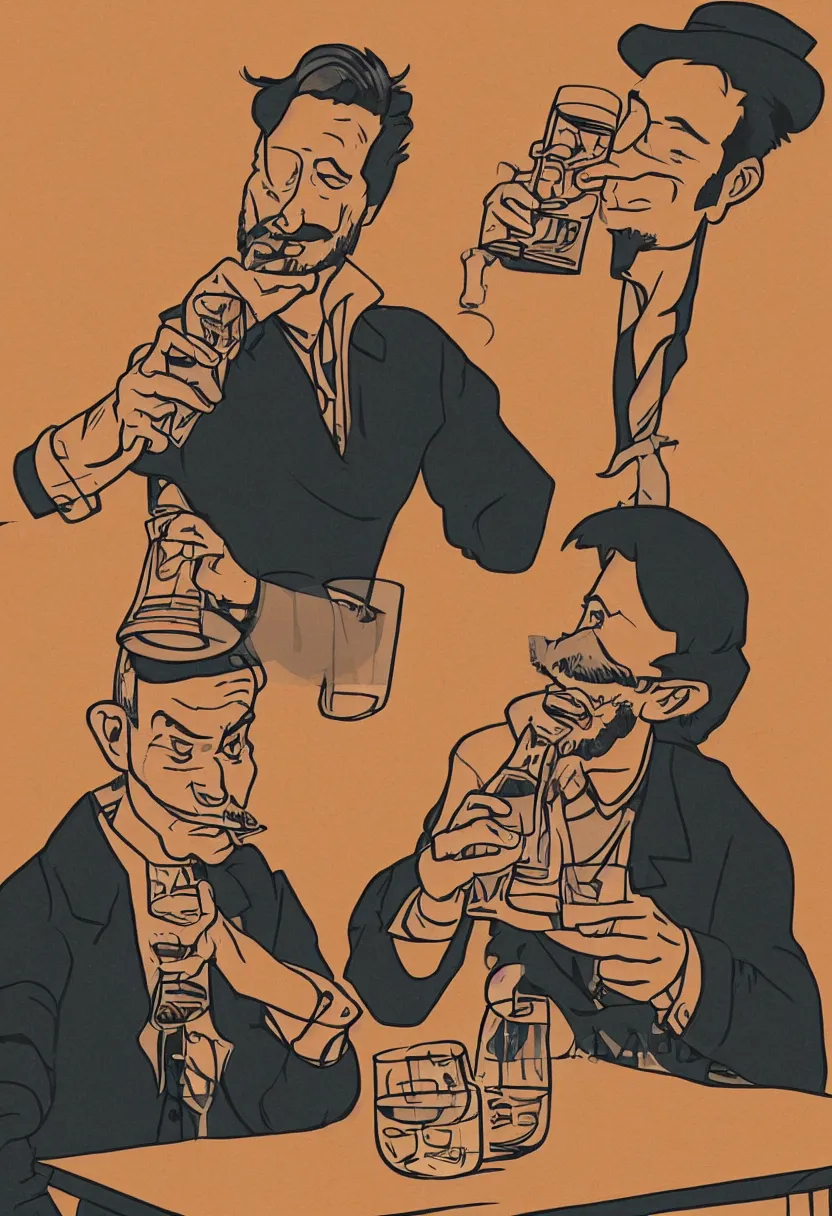 Image similar to a man drinking whiskey on his birthday, highly detailed 2 d illustration in matte colors