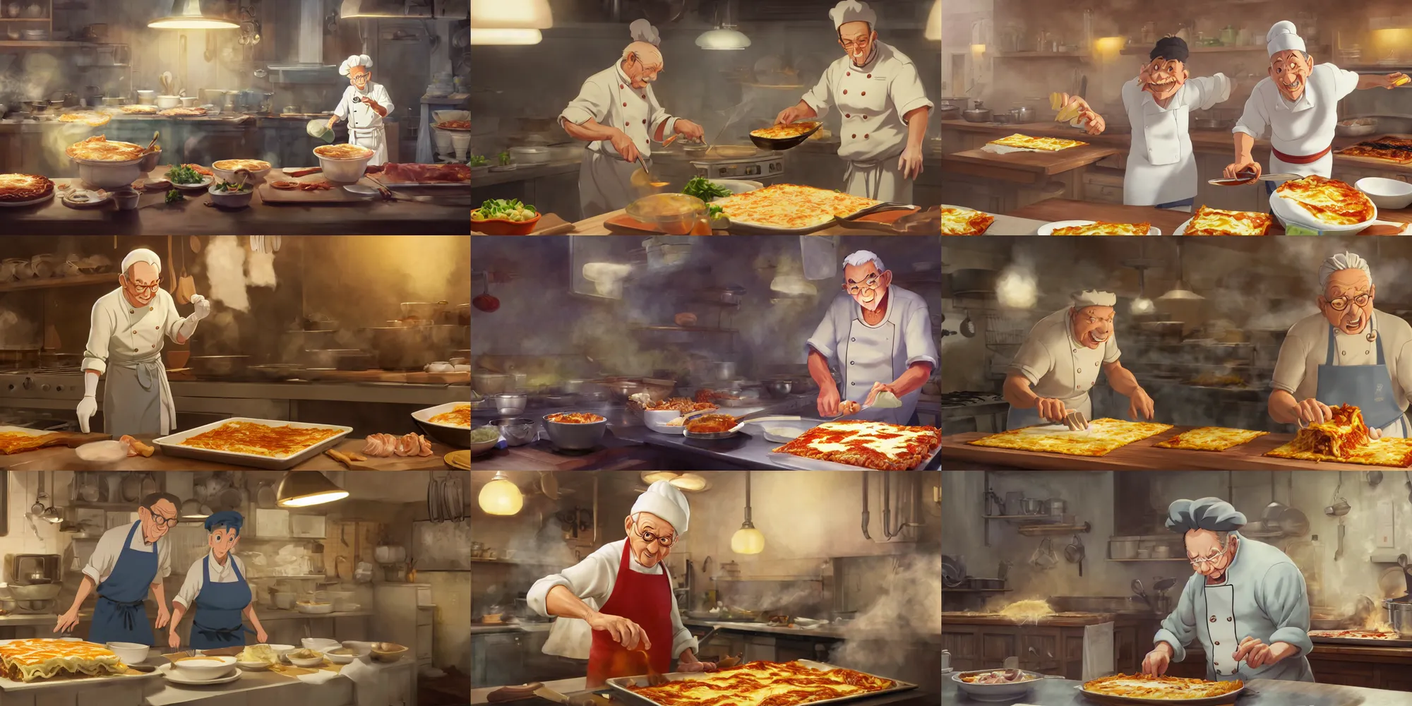 Prompt: a wholesome animation key shot of a passionate elderly chef cooking a tasty lasagna in the kitchen, medium shot, waist up, studio Ghibli, Pixar and Disney animation, sharp, Rendered in Unreal Engine 5, anime key art by Greg Rutkowski, Bloom, dramatic lighting