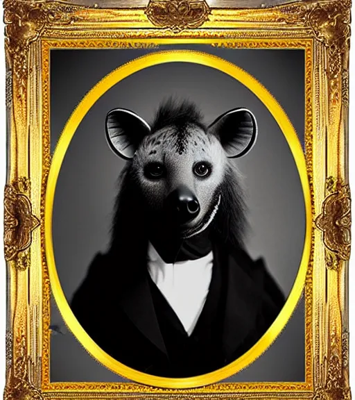 Prompt: professional studio photo portrait of anthro anthropomorphic spotted hyena head animal person fursona wearing elaborate pompous royal king robes clothes gold frame by Louis Daguerre daguerreotype tintype