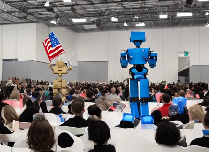Image similar to dystopian humanoid robot dictator giving a propaganda speech to human like large flags with robot heads on them