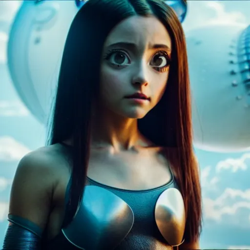 Prompt: cinematic still of ariana grande in alita : battle angel ( 2 0 1 9 ), xf iq 4, f / 1. 4, iso 2 0 0, 1 / 1 6 0 s, 8 k, raw, dramatic lighting, symmetrical balance, in - frame