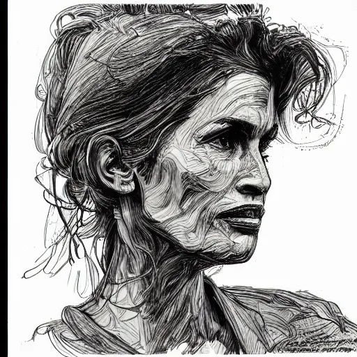 Image similar to a realistic yet scraggly portrait sketch of the side profile of cindy crawford, trending on artstation, intricate details, in the style of frank auerbach, in the style of sergio aragones, in the style of martin ansin, in the style of david aja, in the style of mattias adolfsson