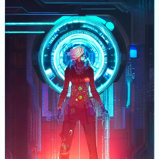 Prompt: a cyberpunk netrunner using a glowing interface, centered in the frame, cyberpunk concept art by Jean Giraud and josan gonzales, digital art, highly detailed, intricate, sci-fi, sharp focus, Trending on Artstation HQ, deviantart, 4K UHD image