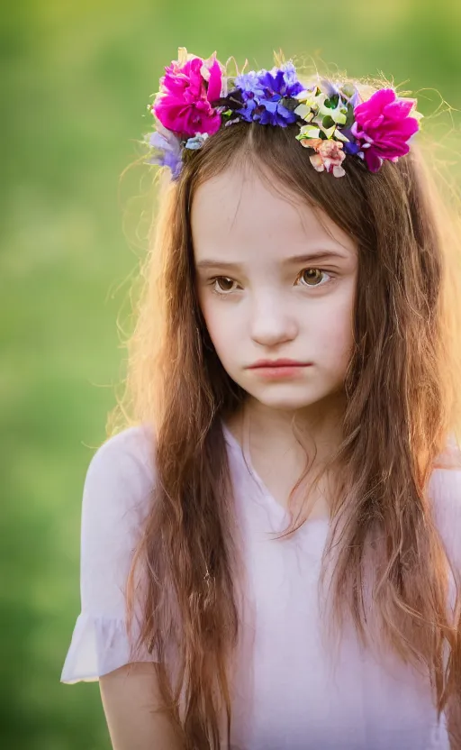 Image similar to portrait of a shy young girl with flowers in her hair, beautiful composition, modern color palette, 50mm f1.8, ambient light,