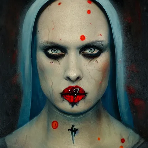 Prompt: 'The stare of the nun' A beautiful detailed aesthetic horror portrait painting depicting 'A satanic nun with a demonic stare, occult lip tattoos and strange blue liquid crystals' by Odilon Redon, Trending on cgsociety artstation, 8k, masterpiece, cinematic lighting.