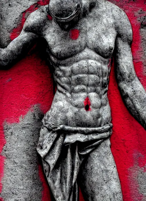 Image similar to black, grey, red, purple, gritty, greco roman sculpture, dark, thin lines