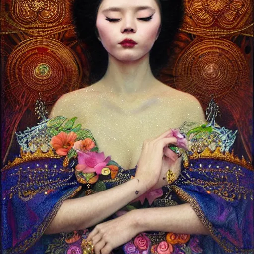 Image similar to queen empress girl, crown, sparkles, long dress covered skin, botanical, portrait face, colorful, kupka, intricate, miles johnston, kuroda seiki, cynical realism, ozabu, john william godward, painterly, moebius, miles johnston, louise zhang, james jean, mark ryden lowbrow pop surrealism art style