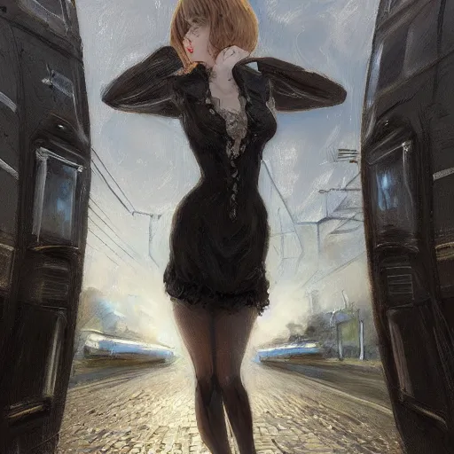 Image similar to woman in a black lace dress and thigh highs standing at a european train station, expressive oil painting, detailed digital art, by yoshitaka amano, by greg rutkowski, by dan mumford, highly detailed lineart, evening, volumetrics