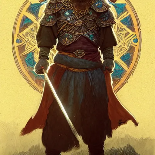 Image similar to Messi as a viking, D&D, fantasy, intricate, elegant, highly detailed, digital painting, artstation, concept art, matte, sharp focus, illustration, art by Artgerm and Greg Rutkowski and Alphonse Mucha