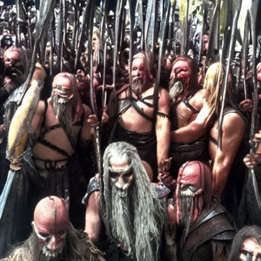 Prompt: a bunch of uruk - hai from lord of the rings celebrating gay pride