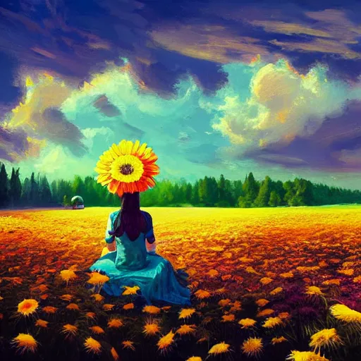 Image similar to giant daisies flower as head, girl sitting in a flower field, surreal photography, sunrise, dramatic light, impressionist painting, colorful clouds, digital painting, artstation, simon stalenhag