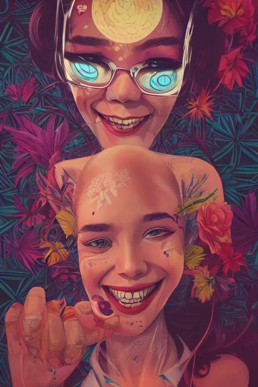 Prompt: a woman smiling cute, Tristan Eaton, victo ngai, artgerm, RHADS, ross draws