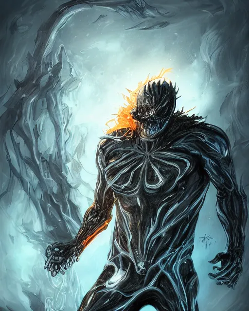 Image similar to ghost rider symbiote, dynamic lighting, fantasy concept art, trending on art station, stunning visuals, creative, cinematic, ultra detailed, comic strip style