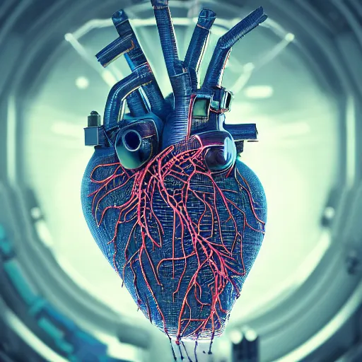 Prompt: a human heart, revealing wires and electronics, hooked - up, sci - fi, missing panels, intricate abstract upper body intricate artwork, concept art, octane render, deviantart, cinematic, key art, hyperrealism, iridescent accents, portrait photograph, nikon 3 5 mm, photograph by greg rutkowski