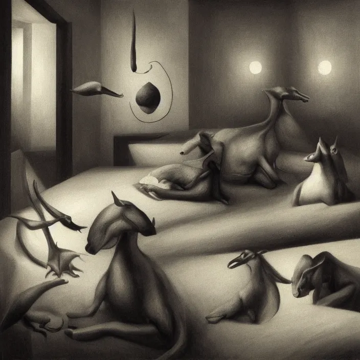 Prompt: close - up of the faces of a group of creatures with distinct personalities, in an urban hotel room, : : surreal architecture, chiaroscuro lighting, mysterious atmosphere : : oil painting by leonora carrington and edward hopper, ultra - detailed technical precision : : matte painting, high definition, octane render, unreal engine, 8 k