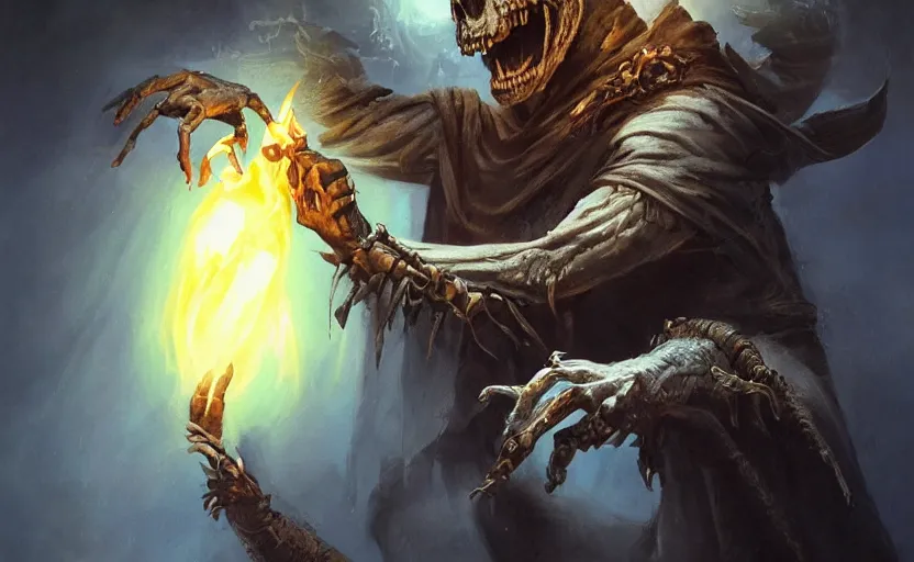 Image similar to portrait of a humanoid rat sorcerer with a rat skull for a head and holding a blue flame in each bony hand, laser eyes, dark hooded sorcerer robes, fantasy, d & d, greg rutkowski, frank frazetta, intricately detailed, impressive lighting, misty environment, power stance, ultimate power, doom, 8 k hdr