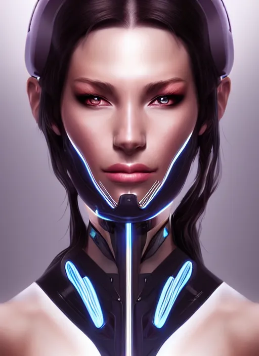 Image similar to portrait of a cyborg woman by Artgerm, (((((face turns left))))) face turns right, eyes closed , biomechanical, hyper detailled, trending on artstation