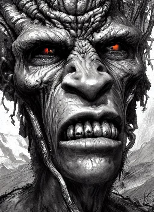 Prompt: close up portrait of a underweight troll in the mountains of hell, oil painting by tomasz jedruszek, cinematic lighting, pen and ink, intricate line, hd, 4 k, million of likes, trending on artstation