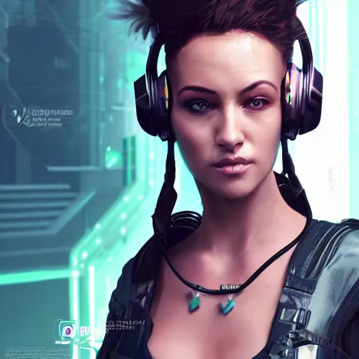 Image similar to Beautiful Sophia. gorgeous female cyberpunk mercenary wearing a cyberpunk headset, military vest, and jumpsuit. Gorgeous face. Concept art by Sherree Valintine Daines. ArtstationHQ. Creative character design for cyberpunk 2077.