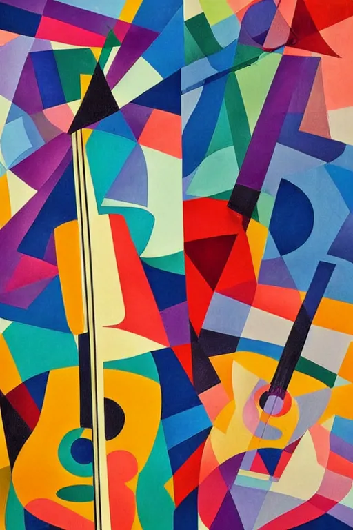 Image similar to guitar, notes, rainbow geometric architectures blend with organic shapes, abstract expressionism, essence of street forms, geometric structures and multicolored prints in style of sonia delaunay, high detail, symmetry, poster