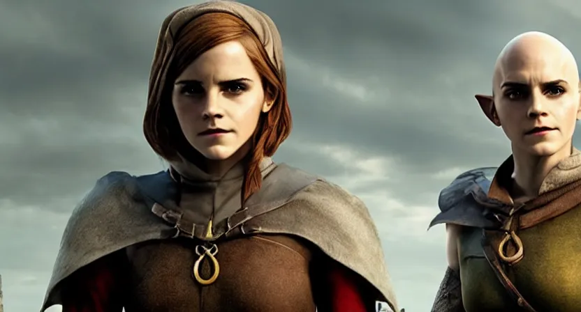 Image similar to promotional image of emma watson as a bald elf in dragon age : inquisition, detailed face, movie still, promotional image, imax 7 0 mm footage