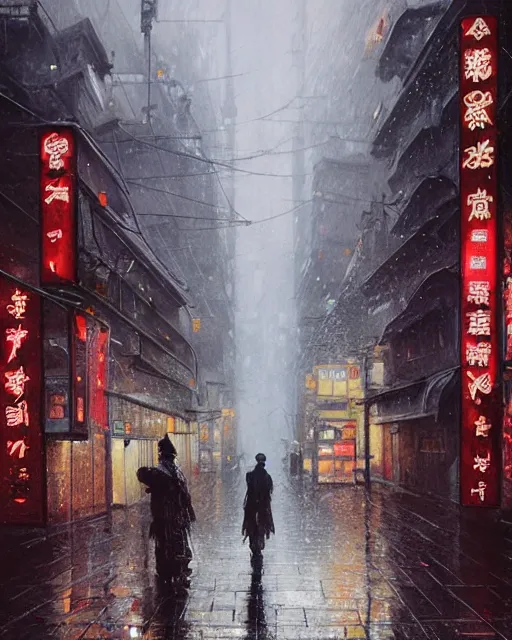 Image similar to a highly detailed epic cinematic concept art CG render digital painting artwork: Tokyo city street, raining. By Greg Rutkowski, in the style of Francis Bacon and Syd Mead and Norman Rockwell and Beksinski, open ceiling, highly detailed, painted by Francis Bacon and Edward Hopper, painted by James Gilleard, surrealism, airbrush, Ilya Kuvshinov, WLOP, Stanley Artgerm, very coherent, triadic color scheme, art by Takato Yamamoto and James Jean