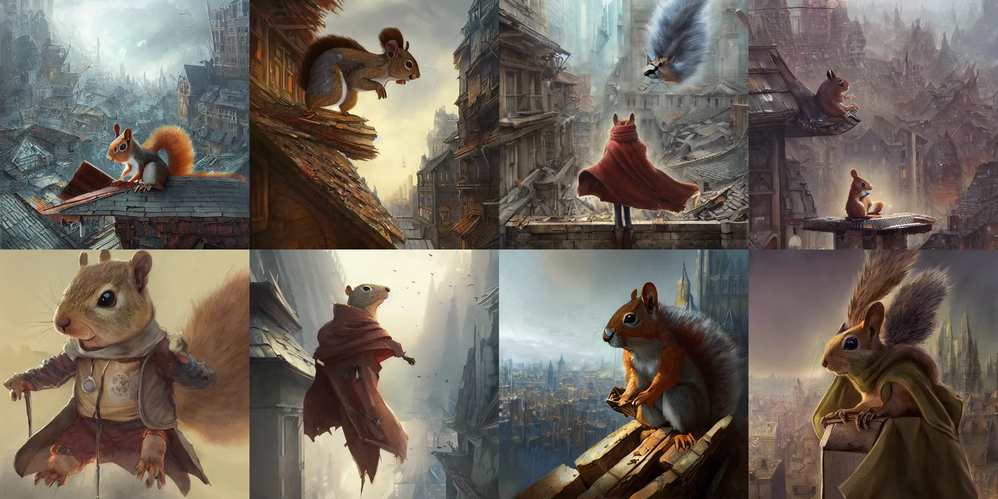 Prompt: Anthropomorphic Squirrel wearing a Cloak sitting otop a roof in a decimated city, concept art,like a action book cover,by rossdraws and greg rutkowski,Leonardo DaVinci