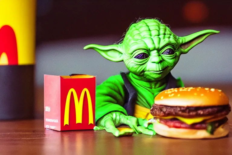 Prompt: yoda, sad, yoda sitting behind a table inside mcdonald's, small red cardboard box on table, yellow m logo on box, tiny cheeseburger 3 5 mm, f / 2. 8