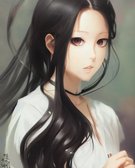 Image similar to An anime portrait of a beautiful girl with long black hair wearing a white blouse, by Stanley Artgerm Lau, WLOP, Rossdraws, James Jean, Andrei Riabovitchev, Marc Simonetti, and Sakimichan, tranding on artstation