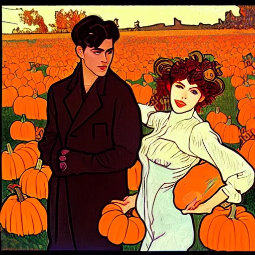 Image similar to painting of handsome young delicate beautiful jeffrey in his 2 0 s with brown hair and gorgeous rina together at the giant jack o'lantern halloween party holding pumpkins, elegant, clear, painting, stylized, art, art by alphonse mucha, vincent van gogh, egon schiele,