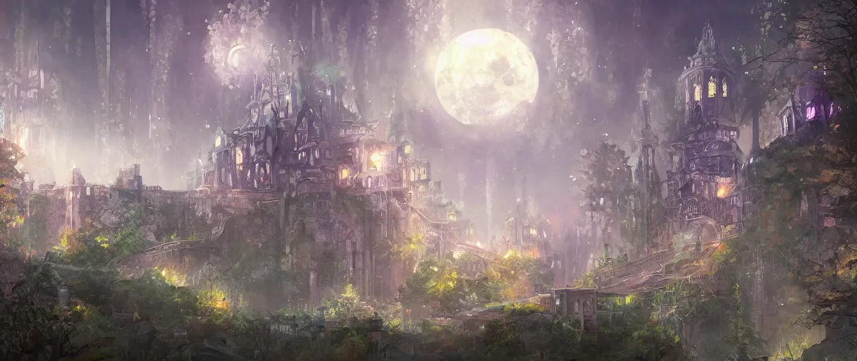 Prompt: huge academic castle city in the forest behind a garden, concept art, digital painting, style of jordan grimmer, warm lighting, futuristic, volumetric lighting, view from below, vivid colours, bright, nighttime, moon rays , high detail, not a lot of grass