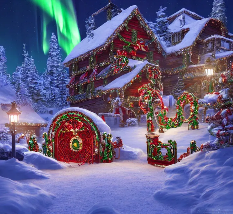 Image similar to a very detailed concept art of intricate and well designed jingle bell gates to santa's northpole, infused with aurora borealis, dynamic lighting, trending on artstation, path traced, highly detailed, high quality, digital painting, digital art, 4 k, hyper realistic, octane render, sharp focus