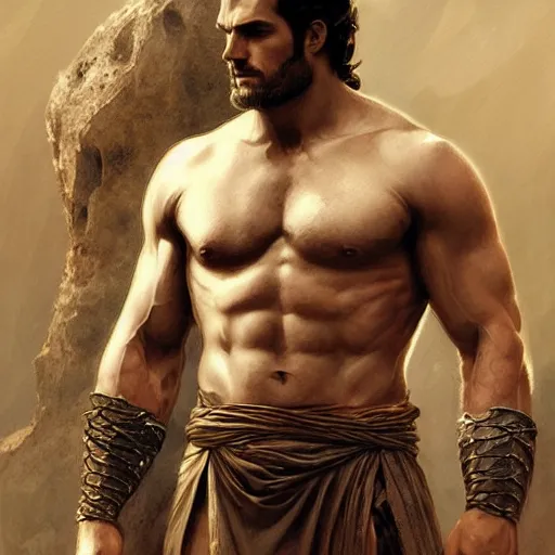 Image similar to henry cavill as a greek gladiator, gorgeous, amazing, muscular, intricate, highly detailed, digital painting, artstation, concept art, sharp focus, illustration, art by greg rutkowski and alphonse mucha