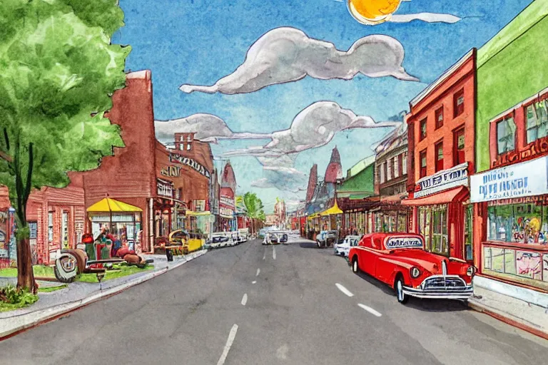 Prompt: a whimsical storybook illustration of a small town main street from the 1 9 5 0 s with a line of brick buildings with business signs over the doors and some late 1 9 5 0 s cars on the road in front of the buildings and one 1 9 3 0 model a hot rod, lowbrow pop art style watercolor