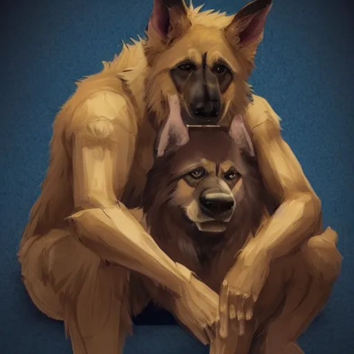 Image similar to two humanoid german shepherds beast - men, sitting on a couch and hugging together, artstation, concept art, smooth, sharp foccus ilustration, artstation