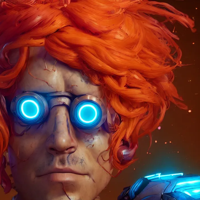 Image similar to glowwave portrait of curly orange hair man from borderlands 3, au naturel, hyper detailed, digital art, trending in artstation, cinematic lighting, studio quality, smooth render, unreal engine 5 rendered, octane rendered, art style by klimt and nixeu and ian sprigger and wlop and krenz cushart.