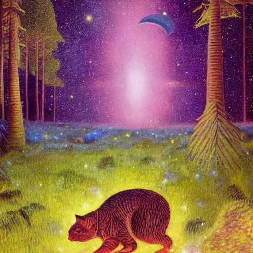 Image similar to psychedelic small cats hidden lush pine forest, outer space, milky way, designed by arnold bocklin, jules bastien - lepage, tarsila do amaral, wayne barlowe and gustave baumann, cheval michael, trending on artstation, star, sharp focus, colorful refracted sparkles and lines, soft light, 8 k 4 k