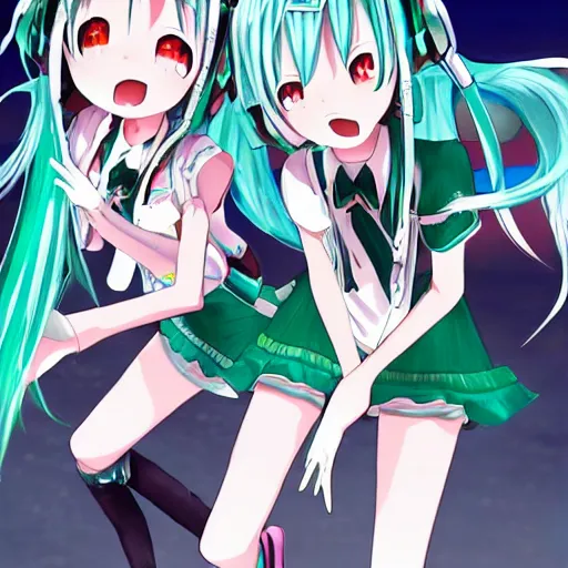 Image similar to hatsune miku and gumi hanging out having fun, best friends, detailed, anime