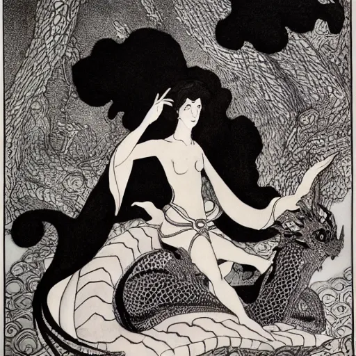 Prompt: the dragon lord of dreams watercolour painting by Aubrey Beardsley