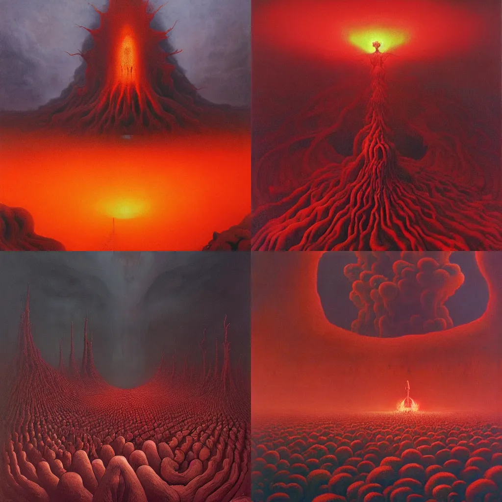 Prompt: A gigantic garden of blood and fire in the colossal Hindu hell, by Zdzisław Beksiński, oil on canvas, masterpiece, detailed, dynamic, cinematic composition, beautiful lighting, view from ground, trending on artstation, top on pixiv, 8K, award winning, no frames,